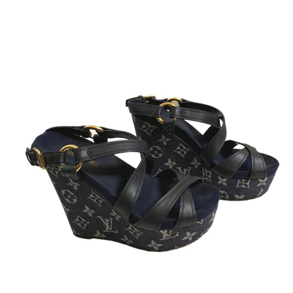 Louis Vuitton Navy Blue LV Monogram Denim & Leather Wedge Sandals Size 36/US 6 - Picture 4 of 13